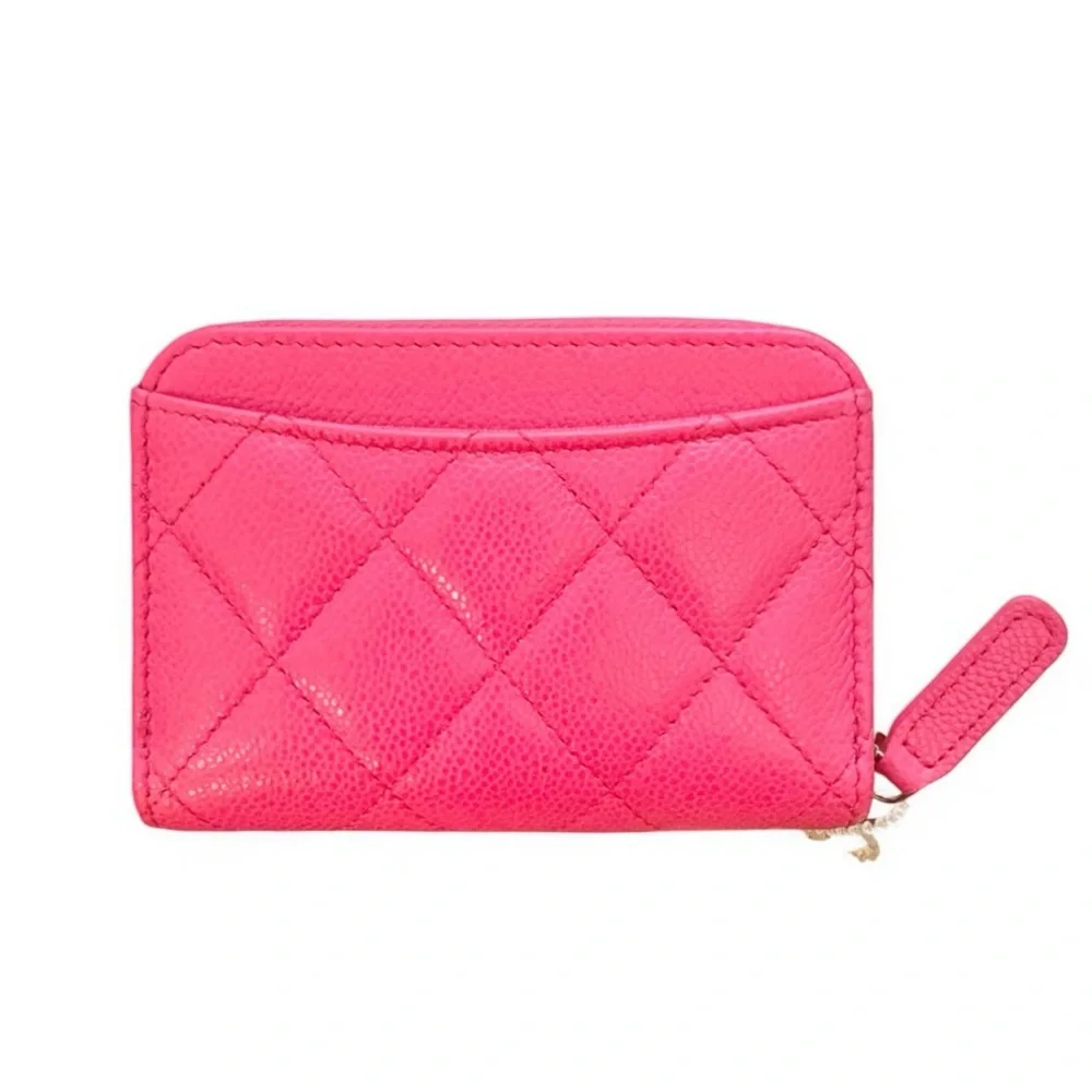 💗CHANEL Zip Coin Purse Wallet Quilted Hot Pink CAVIAR CC Logo Gold-Tone Hardware